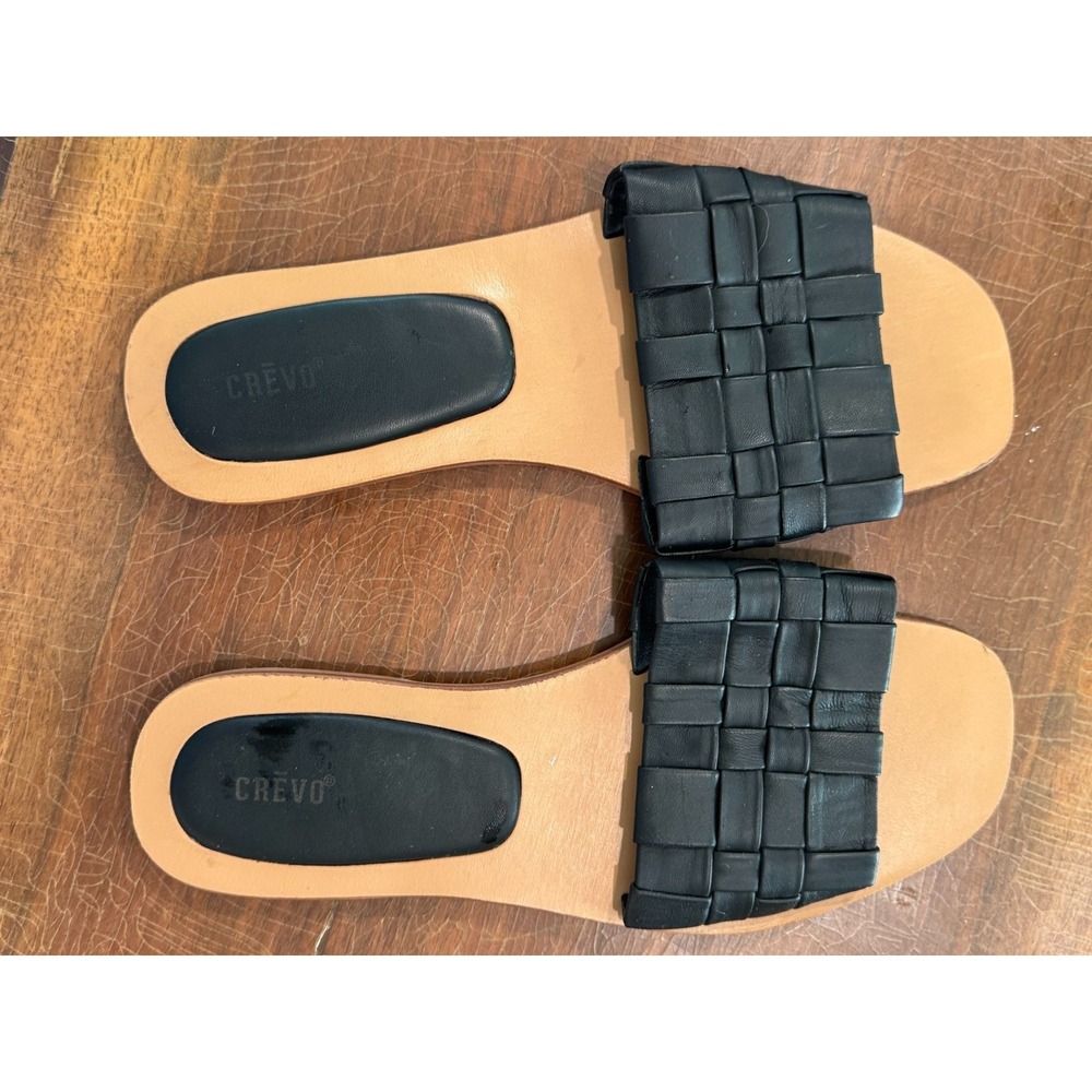 Crevo Danielle Women's Black Woven Leather Slide Sandals Size 10 Flat Slip-On Co